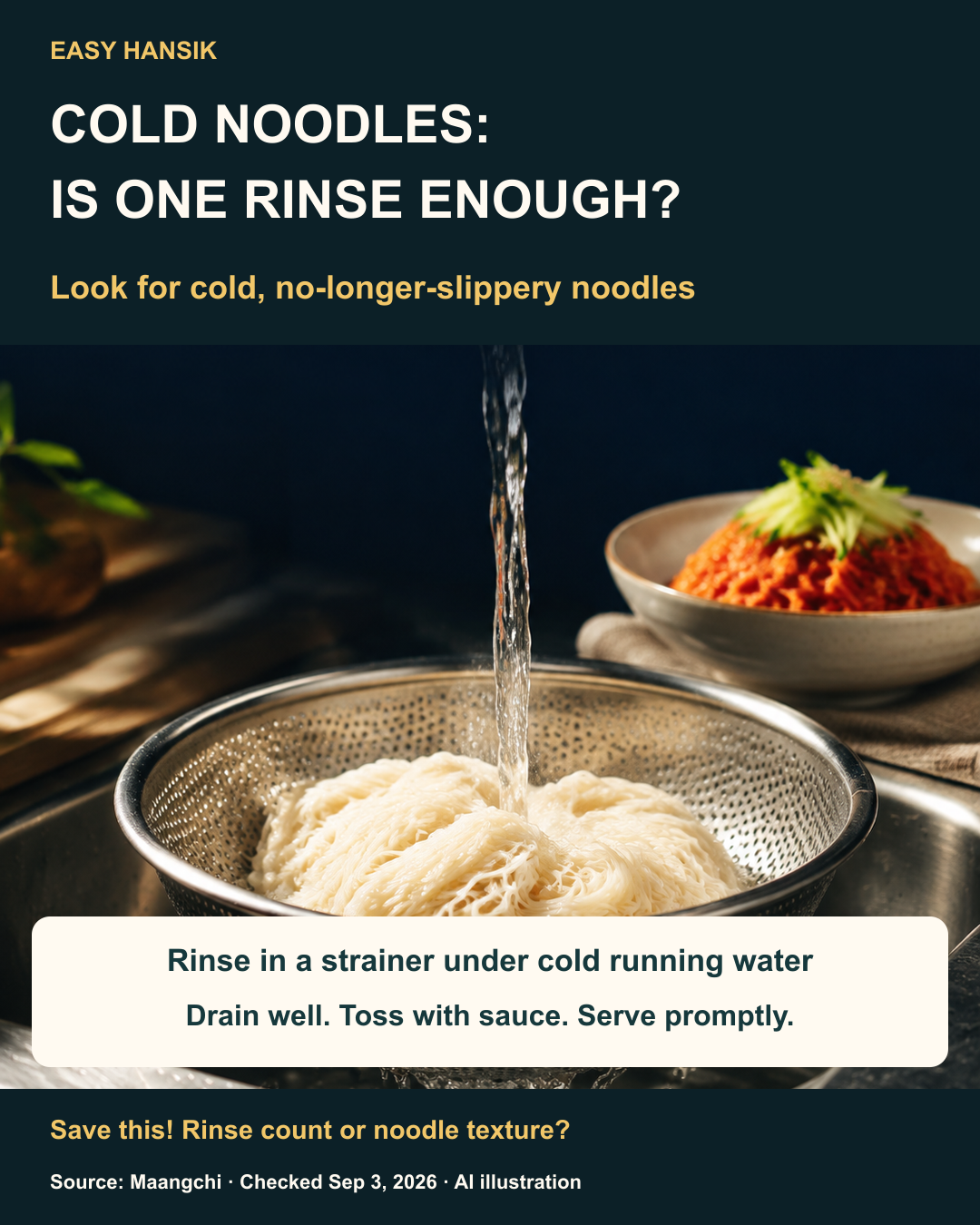 AI cooking illustration of somyeon being rinsed in a strainer