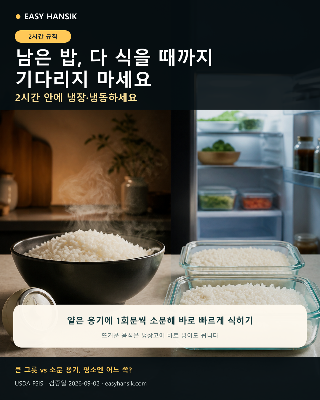 큰 그릇의 남은 밥과 얕은 소분 용기를 비교한 한국어 카드