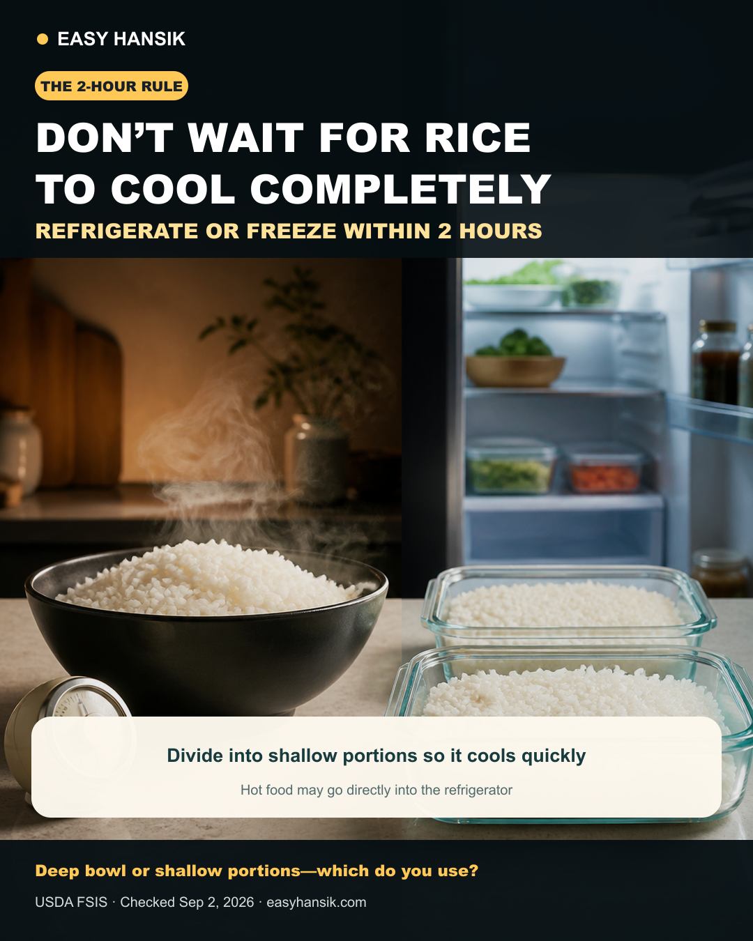 English card comparing leftover rice in a deep bowl with shallow portions