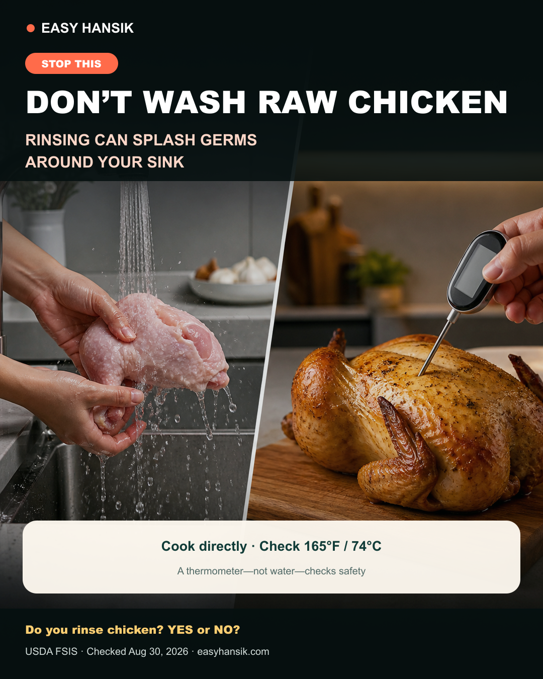 English card comparing rinsing raw chicken with thermometer-verified cooking