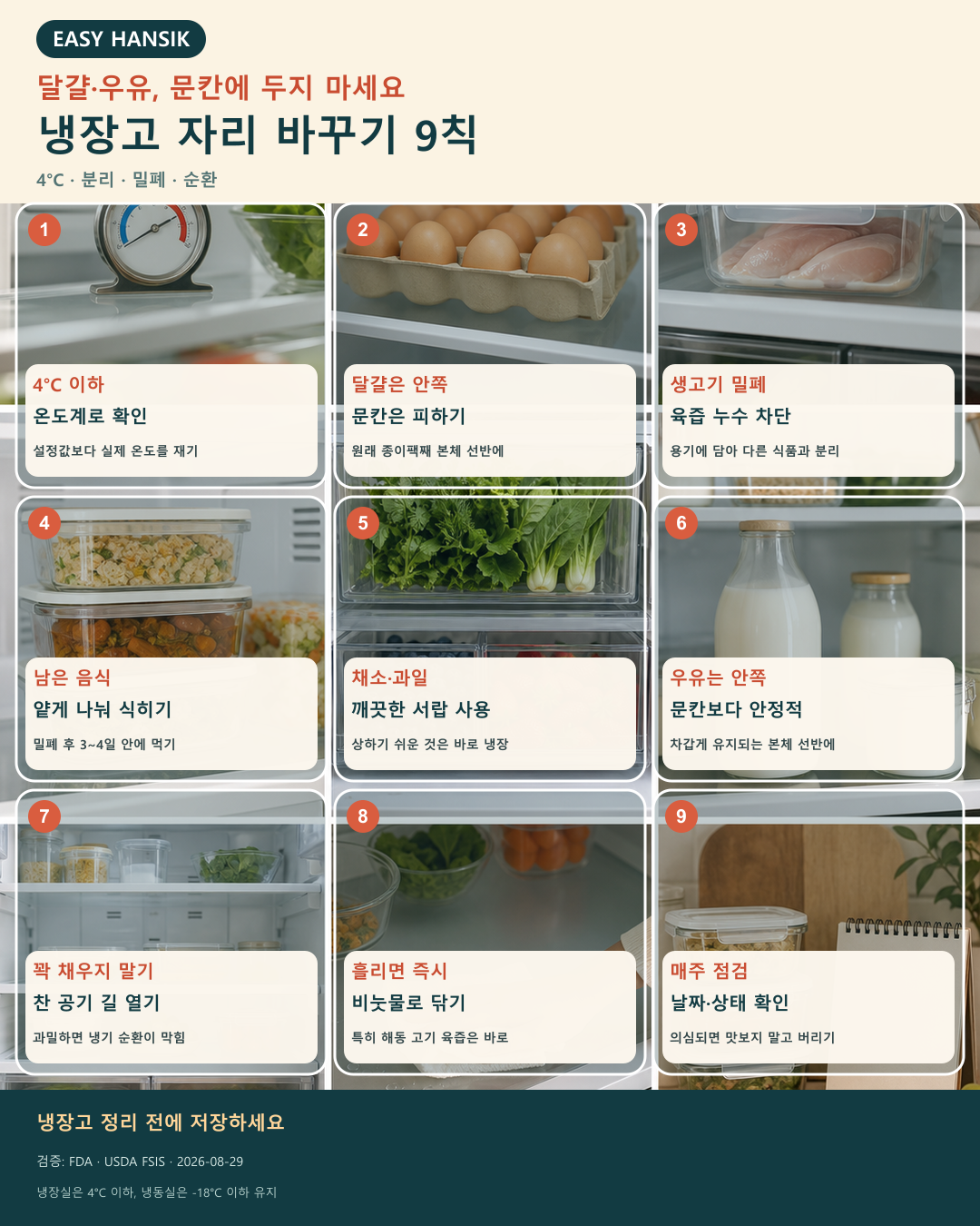 냉장고 식품 배치 수칙 9가지를 정리한 한국어 카드