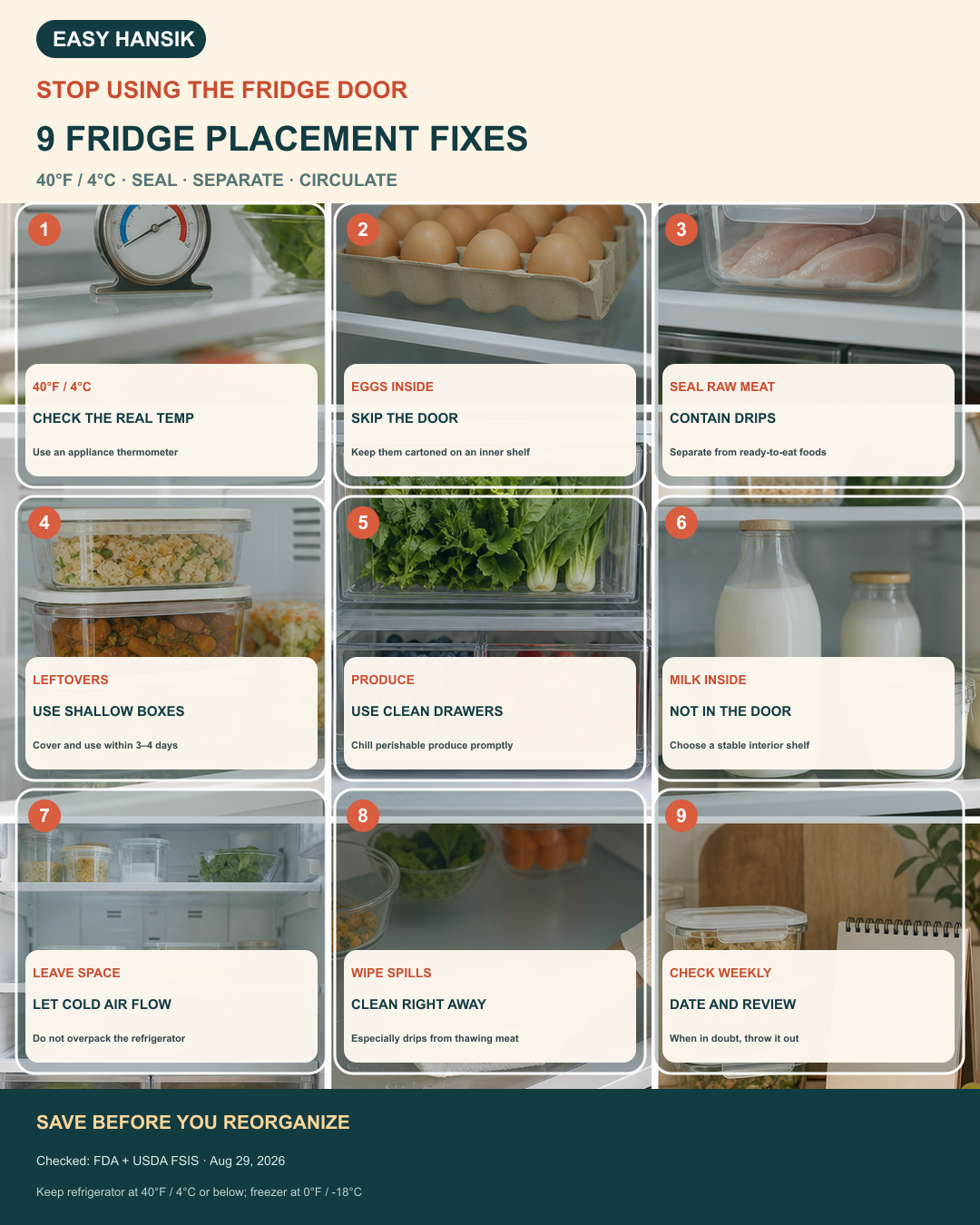 English card with nine safer refrigerator placement rules