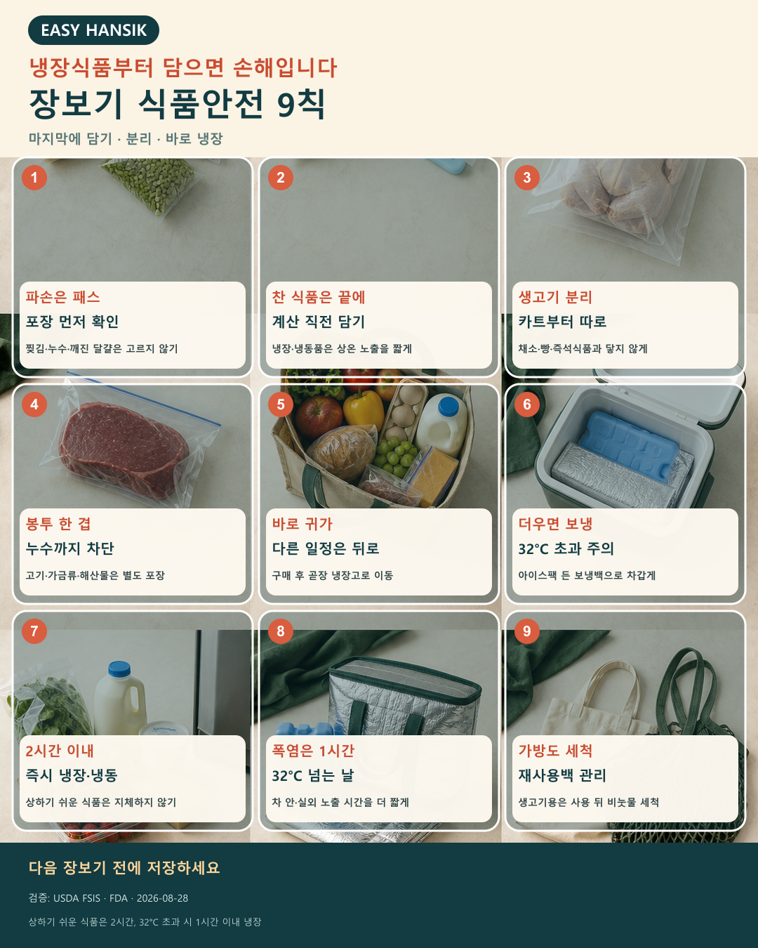 안전한 식품 장보기 수칙 9가지를 정리한 한국어 카드