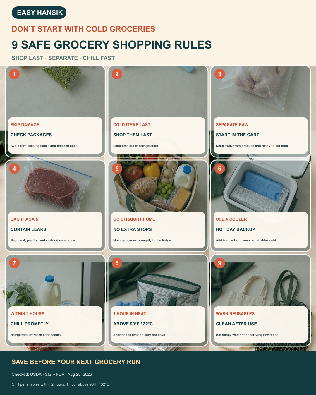 English card summarizing nine safe grocery shopping rules