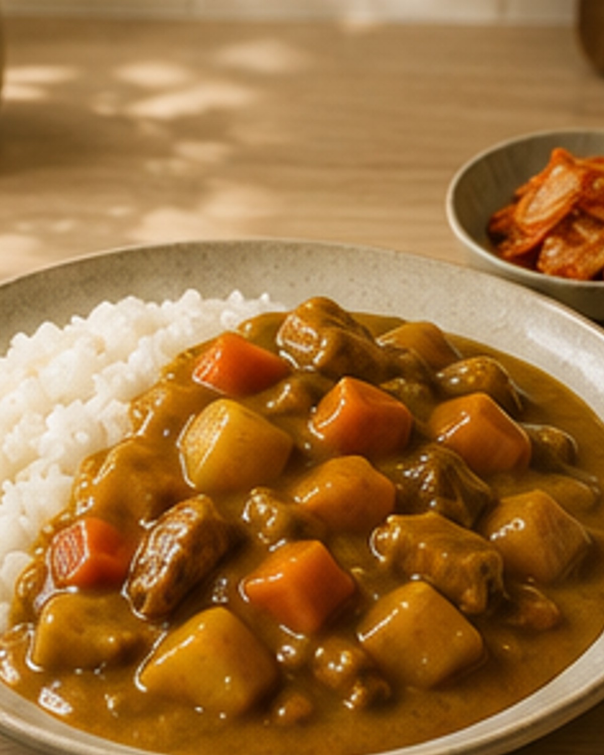 밥 위에 담은 윤기 나는 한국식 카레라이스, AI 조리 일러스트
