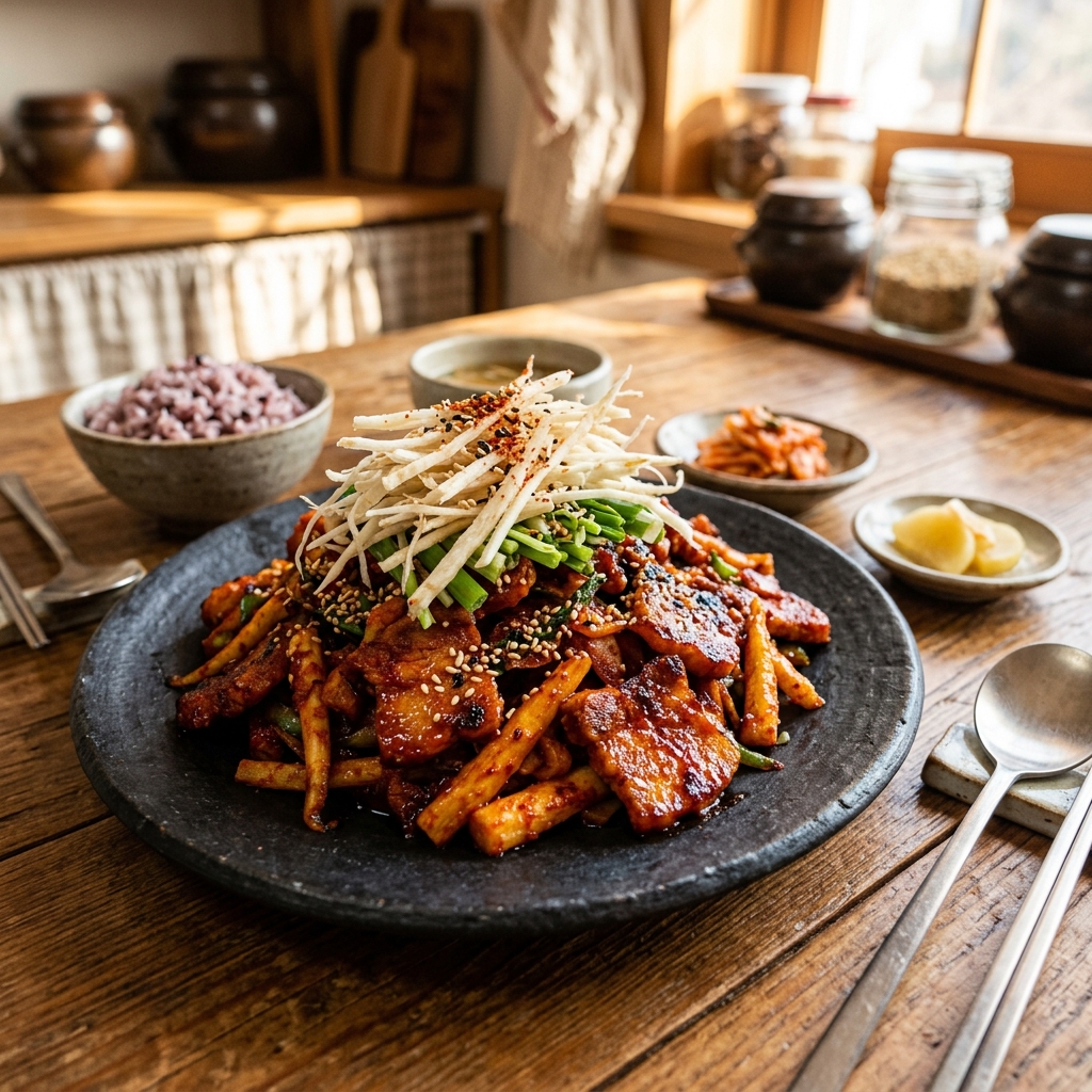 매콤하게 볶아진 더덕제육볶음 요리