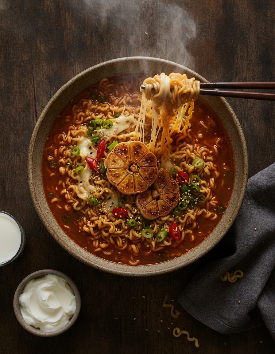 구운 통마늘 라면 완성이 담긴 그릇