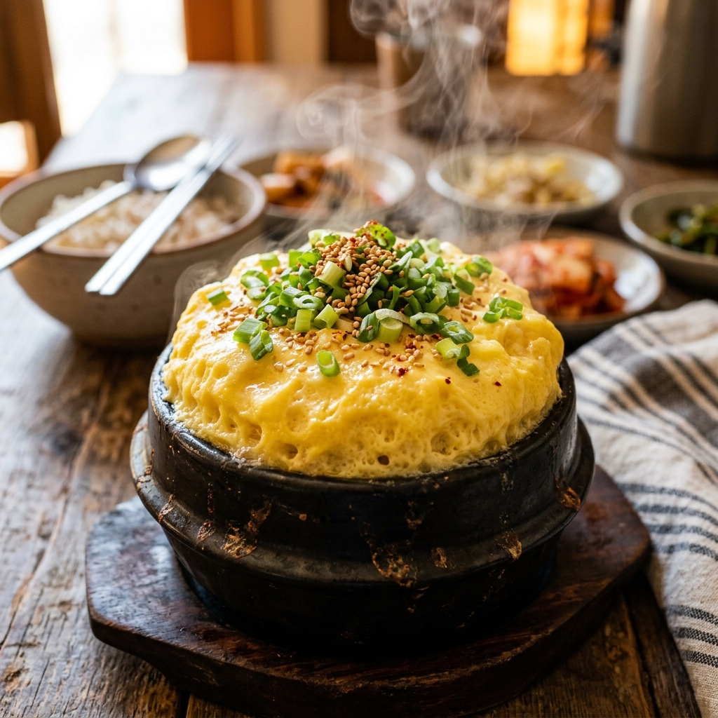 뚝배기에서 화산처럼 부풀어 오른 노란 계란찜