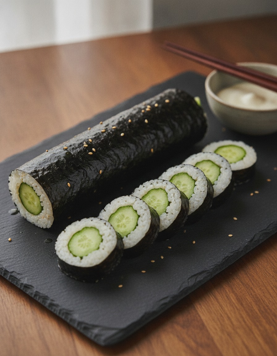 아삭한 통오이가 들어간 단면이 돋보이는 통오이김밥과 땡초쌈장