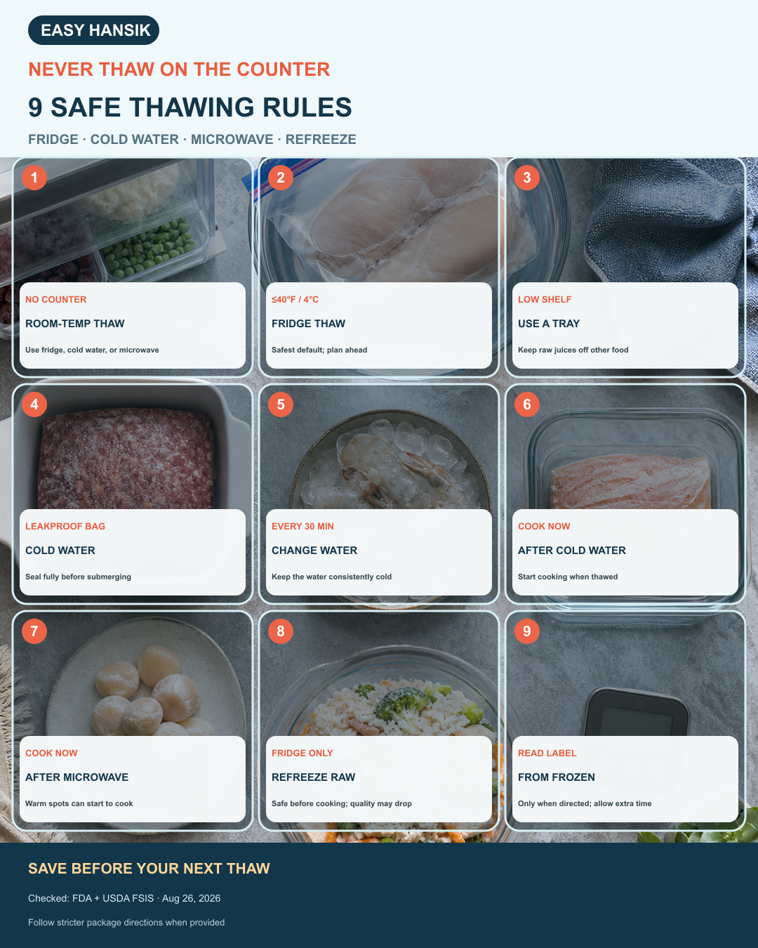 English card summarizing nine safe thawing rules