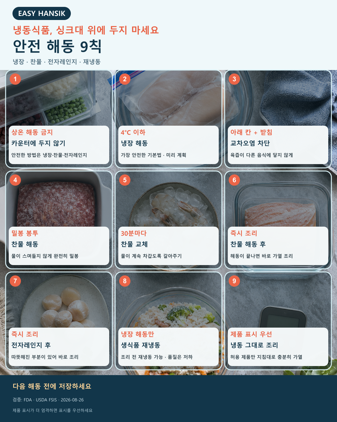 안전 해동 방법 9가지를 정리한 한국어 카드뉴스